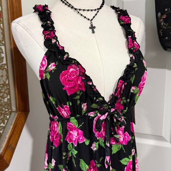 NWT Smart & Sexy Black & Pink Floral Pattern Ruffle Strap Lingerie Chemise Slip - Picture 2 of 7